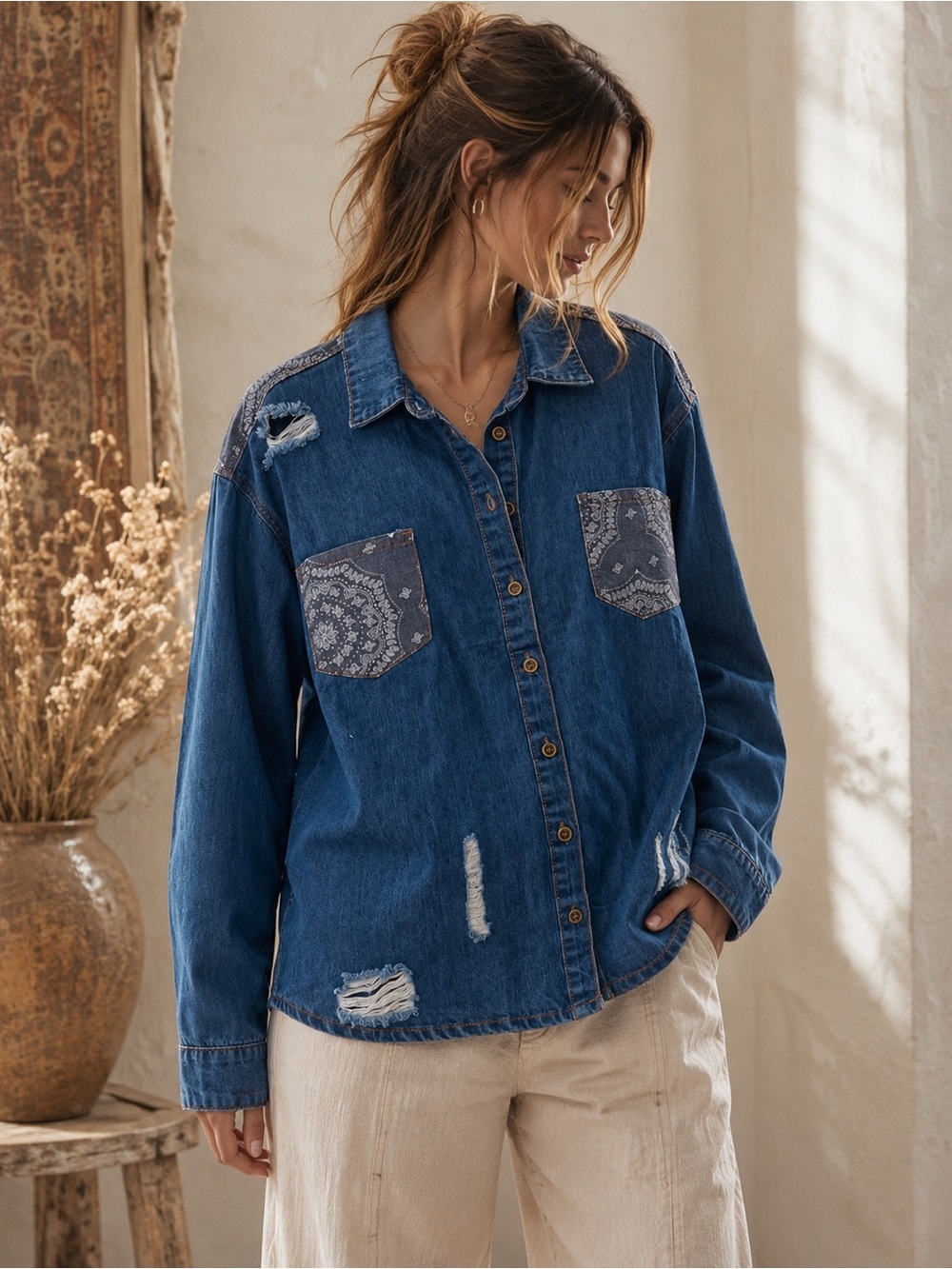 199🌟 Easel NWT Distressed Denim Bandana Button-Up Shirt | Western Boho